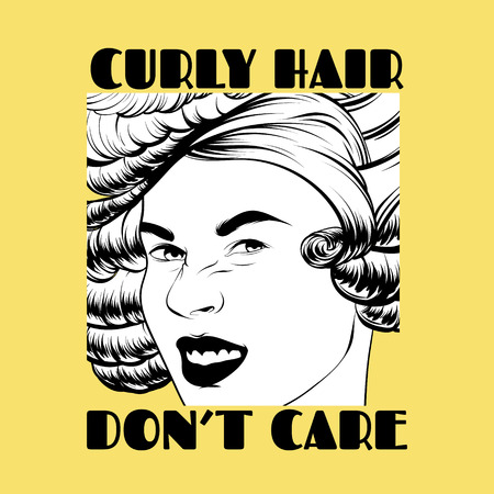 Curly hair , don't care. Vector hand drawn illustration of wrinkling pretty woman isolated. Creative tattoo artwork. Template for card, poster. banner, print for t-shirt, pin, badge, patch.のイラスト素材