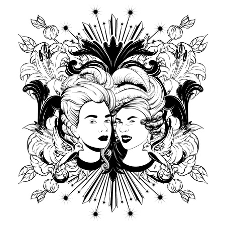 Vector hand drawn illustration of young girls in wigs with baroque frame, birds and flowers isolated. Tattoo artwork. Template for card, poster. banner, print for t-shirt, pin, badge, patch.のイラスト素材