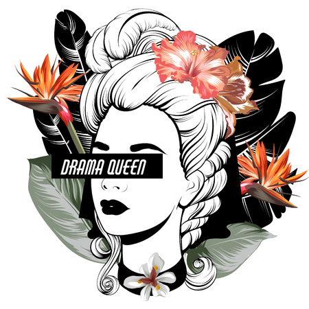 Drama queen. Vector hand drawn illustration of pretty girl with flowers and palm leaves isolated. Template for card, poster. banner, print for t-shirt, pin, badge, patch.のイラスト素材