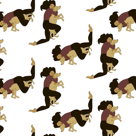 Vector pattern with hand drawn illustration of girl with dog isolated. Template for card, poster. banner, print for t-shirt, pin, badge, patch.のイラスト素材