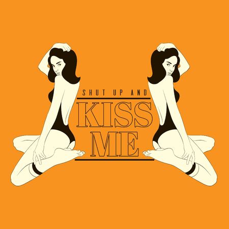 Kiss me. Vector hand drawn illustration of pretty girls in knee socks and swimsuit isolated.Tattoo artwork. Template for card, poster. banner, print for t-shirt, pin, badge, patch.のイラスト素材