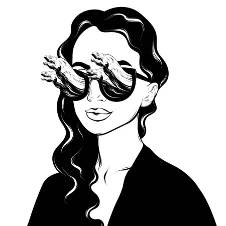 Vector hand drawn illustration of curly girl with moray eels isolated. Surreal tattoo artwork. Template for card, poster, banner, print for t-shirt, pin, badge, patch.のイラスト素材