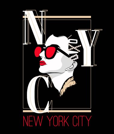New York City. Vector hand drawn ilustration of pretty girl with hairpins isolated. Template for card, poster, banner, print for t-shirt, pin, badge, patch.のイラスト素材