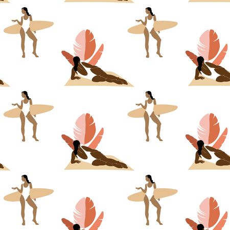Vector pattern with  hand drawn illustration of women  with surf and palm leaves.  Template for card, poster, banner, print for t-shirt, pin, badge, patch.のイラスト素材