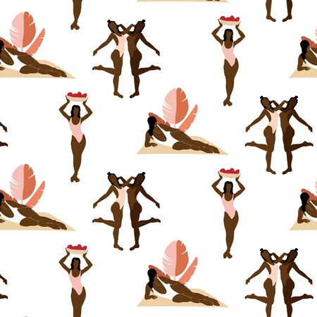 Vector pattern with  hand drawn illustration of women  with  palm leaves and basket of fruits.  Template for card, poster, banner, print for t-shirt, pin, badge, patch.のイラスト素材