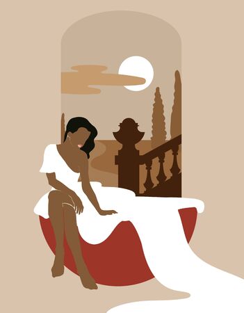 Vector  hand drawn minimalistic  illustration of sitting girl in hat and maxi dress  isolated. Creative abstract artwork. Template for postcard, poster, banner, print for t-shirt, label,  patch.のイラスト素材