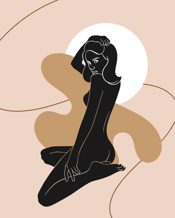 Vector  hand drawn minimalistic  illustration of sitting girl  isolated. Creative  artwork with abstract shapes. Template for postcard, poster, banner, print for t-shirt, label,  patch.のイラスト素材