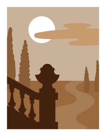 Vector  hand drawn  minimalistic illustration of italian landscape. Creative  artwork with abstract shapes. Template for postcard, poster, banner, print for t-shirt, label,  patch.のイラスト素材