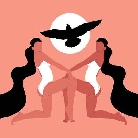  Vector hand drawn illustration of  girls in swimsuits with long hair and bird .  Creative minimalistic artwork. Template for card, poster, banner, print for t-shirt, pin, badge, patch.のイラスト素材