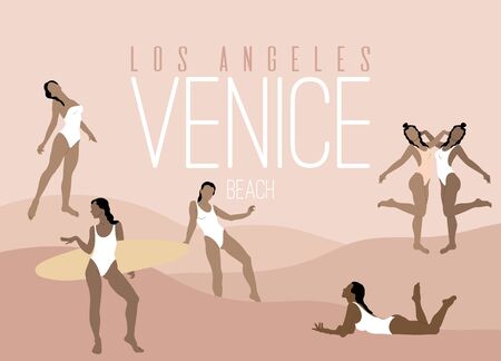 Los Angeles. Venice Beach.  Vector  hand drawn illustration of women in swimsuits .  Creative artwork with minimalistic landscape.  Template for card, poster, banner, print for t-shirt, pin, badge, patch.のイラスト素材