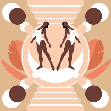 Vector  hand drawn illustration of girls in swimsuits on stairway isolated. Creative artwork.  Template for card, poster, banner, print for t-shirt, pin, badge, patch.のイラスト素材