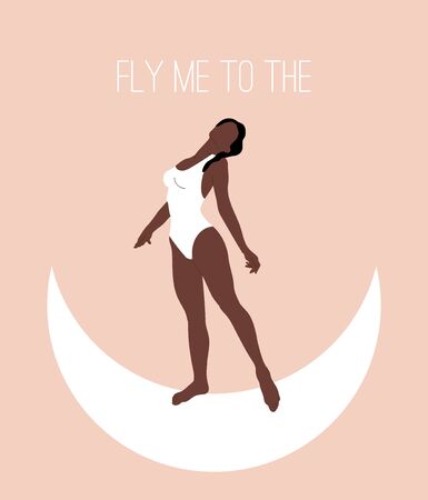 Fly me to the moon. Vector  hand drawn illustration ofwoman in swimsuit isolated.  Template for card, poster, banner, print for t-shirt, pin, badge, patch.のイラスト素材