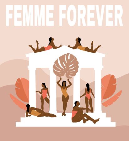 Femme forever. Vector  hand drawn illustration of girls in swimsuits in glazebo isolated.  Creative artwork. Template for card, poster, banner, print for t-shirt, pin, badge, patch.のイラスト素材