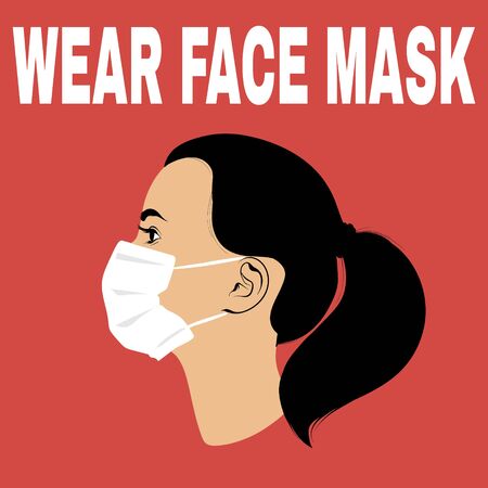 Wear face mask. Vector  hand drawn  illustration of girl in face mask made in flat  style . Colorful artwork. Template for card, poster, banner, print for t-shirt, pin, badge, patch.のイラスト素材