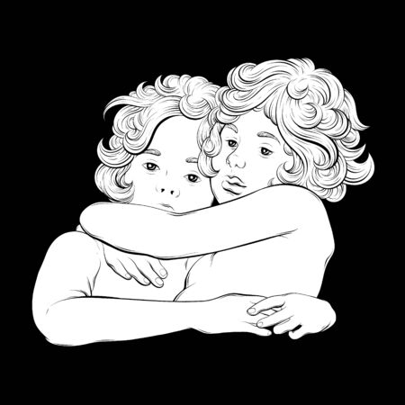 Vector  hand drawn  illustration of hugging cupids . Creative artwork. Template for card, poster, banner, print for t-shirt, pin, badge, patch.のイラスト素材