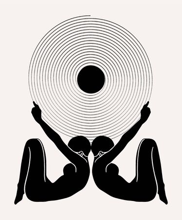 Vector hand drawn illustration of girls with ball and spiral isolated. Tattoo creative artwork. Template for card, poster, banner, print for t-shirt, pin, badge, patch.のイラスト素材