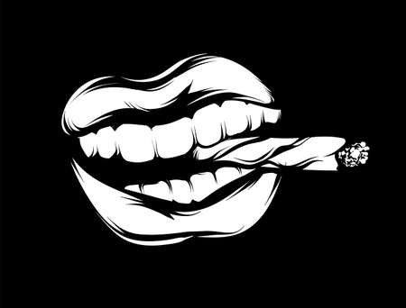 Vector hand drawn illustration of mouth with cigarette. Template for card, poster, banner, print for t-shirt, pin, badge, patch.のイラスト素材