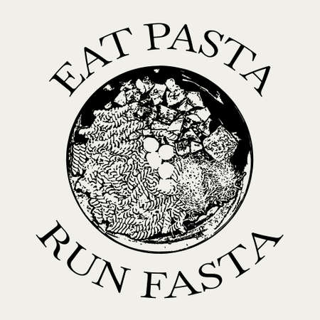 Eat pasta run fasta. Vector hand drawn illustration of pasta with cheese on the plate. Realistic artwork. Template for card, poster, banner, print for t-shirt, pin, badge, patch.のイラスト素材