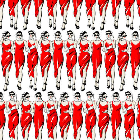 Vector pattern with hand drawn illustration of girls in shawl, red dress and glasses. Creative artwork. Template for card, poster, banner, print for t-shirt, pin, badge, patch.のイラスト素材