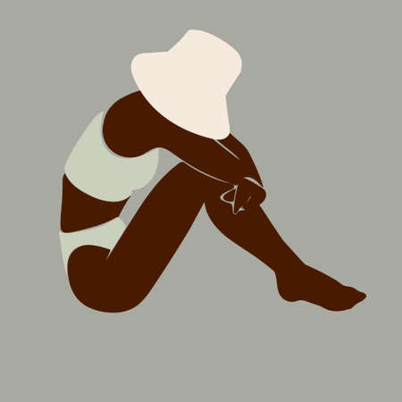 Vector hand drawn minimalistic illustration of seating girl holding her knees. Creative artwork. Template for card, poster, banner, print for t-shirt, pin, badge, patch.のイラスト素材