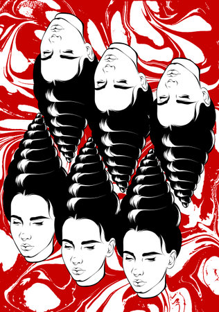 Vector hand drawn surrealistic illustration of female heads. Creative artwork. Template for card, poster, banner, print for t-shirt, pin, badge, patch.のイラスト素材