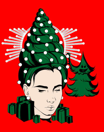 Vector hand drawn surrealistic illustration of christmas party with tree and female head. Creative artwork. Template for card, poster, banner, print for t-shirt, pin, badge, patch.のイラスト素材