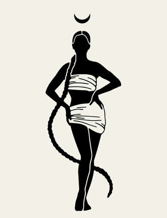 Vector hand drawn illustration of skinny black woman in loincloth with pigtail. Tattoo artwork. Template for card, poster, banner, print for t-shirt, pin, badge, patch.のイラスト素材