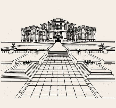 Vector hand drawn minimalistic illustration of historical building with fountains. Creative hand sketched artwork. Template for card, poster, banner, print for t-shirt, pin, badge, patch.のイラスト素材