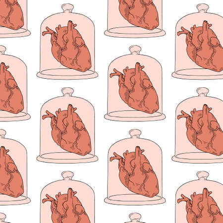 Vector hand drawn illustration of human heart in glass cap. creative artwork. Template for card,...