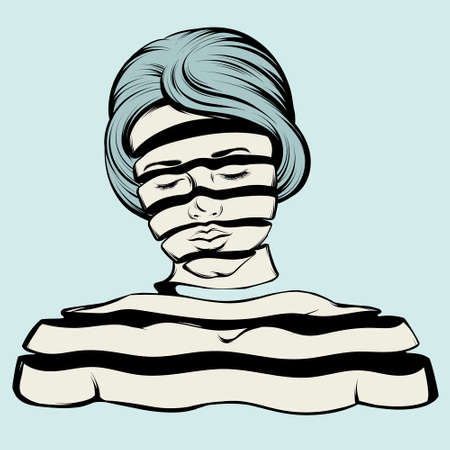 Vector hand drawn illustration of girl of stripes. creative tattoo artwork. Template for card,...