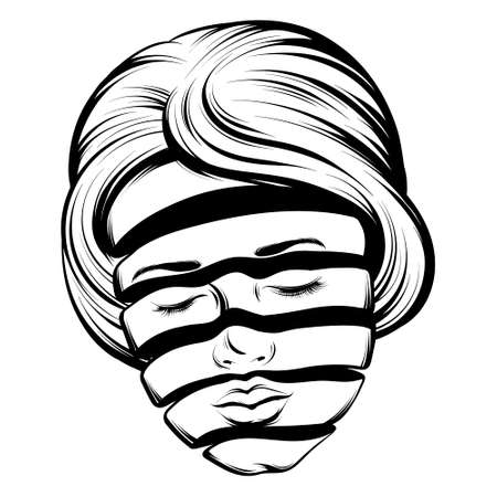 Vector hand drawn illustration of girl of stripes. creative tattoo artwork. Template for card, poster, banner, print for t-shirt, pin, badge, patch.のイラスト素材