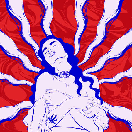 Chill vibes. Vector hand drawn illustration of girl. Template for card, poster, banner, print for t-shirt, pin, badge, patch.のイラスト素材