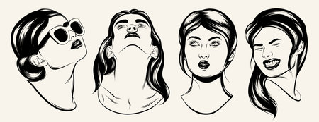 Vector hand drawn illustration of female characters. Creative abstract artwork with girls. Template for card, poster, banner, print for t-shirt, pin, badge, patch.のイラスト素材