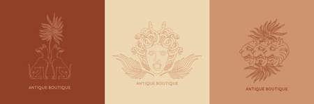 Vector set of hand drawn minimalistic placard with illustration. Creative abstract artwork with medusa, lion, dog. Template for card, poster, banner, print for t-shirt, pin, badge, patch.のイラスト素材