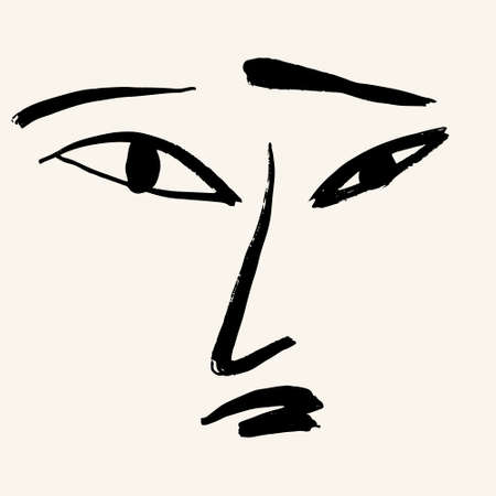 Vector hand drawn minimalistic one line illustration of human face. Creative ink flat naive artwork. Template for card, poster, banner, print for t-shirt, pin, badge, patch.のイラスト素材