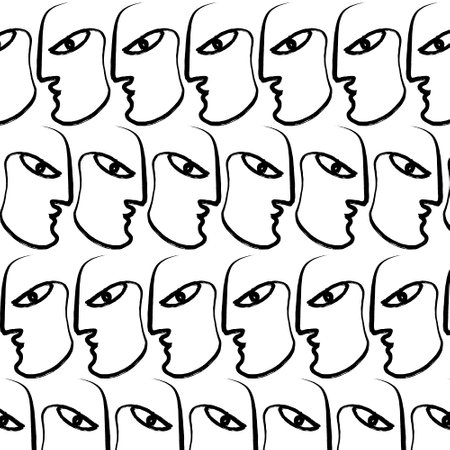 Vector pattern with hand drawn minimalistic one line illustration of human face. Creative ink flat naive artwork. Template for card, poster, banner, print for t-shirt, pin, badge, patch.のイラスト素材