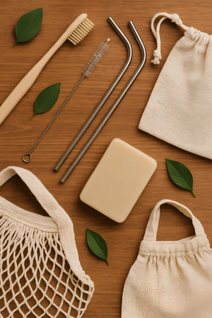 Zero waste, plastic free concept. Flat lay, top view, copy spaceの素材