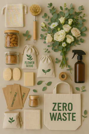 Zero waste concept. Flat lay composition with reusable shopping bags, cosmetic products and flowers on beige backgroundの素材