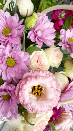 Beautiful bouquet of different flowers as background, closeup viewの写真素材