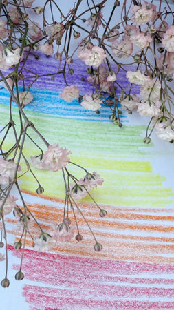 cherry blossom on the background of colored stripes, abstract paintingの写真素材