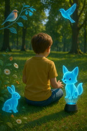 Little boy sitting on the grass in the forest with blue rabbits and birdsの素材