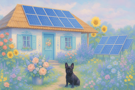 Illustration of a dog in front of a house with solar panelsの素材