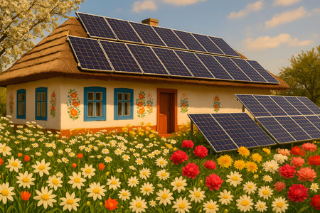 House with solar panels and flowers in the meadow. Alternative energy.の素材