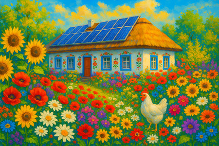 House with solar panel on the background of a field of flowers.の素材