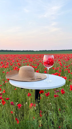 A hat and a glass of wine on a table in a field of poppiesの写真素材