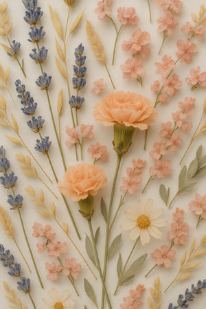 Flowers composition on white background. Flat lay, top view.の素材