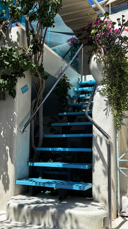 Stairs leading to the entrance to the house, Greece, Europeの写真素材