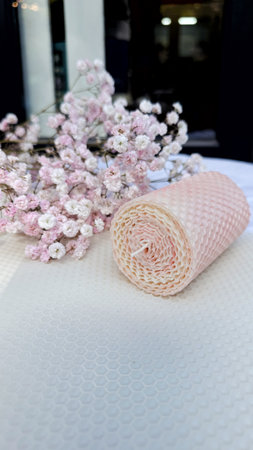 wedding bouquet of pink flowers on a white tableclothの写真素材