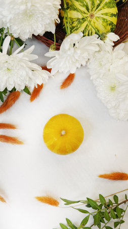 White flowers and a yellow squash on a white background, top view.の写真素材