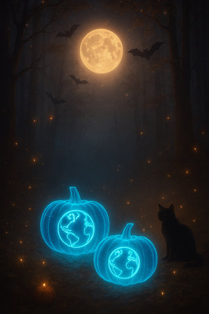 Halloween background with pumpkins and full moon, 3d renderの素材